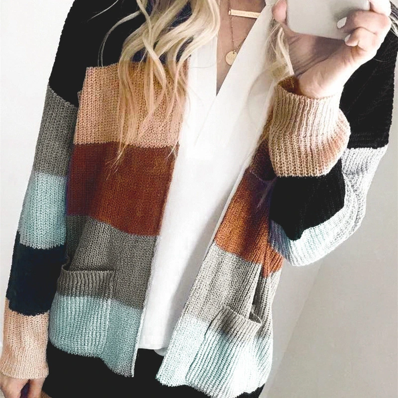 New Arrivals Fall Loose Casual Knitwear Size Woman&prime;s Clothing Women&prime;s Mixed Color Patchwork Knitted Striped Cardigan Long Coat