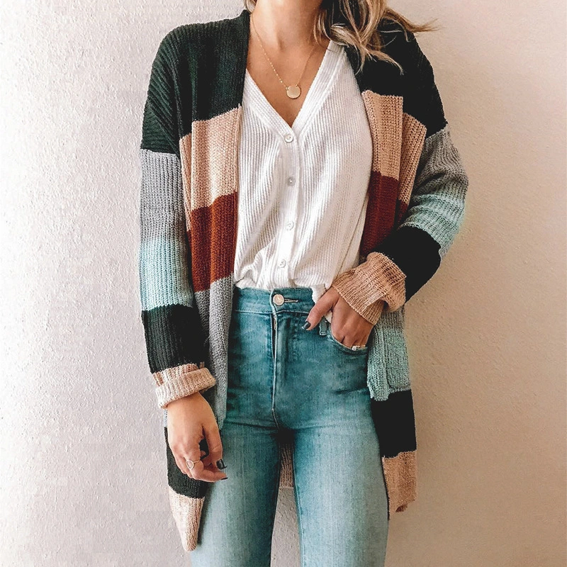 New Arrivals Fall Loose Casual Knitwear Size Woman&prime;s Clothing Women&prime;s Mixed Color Patchwork Knitted Striped Cardigan Long Coat